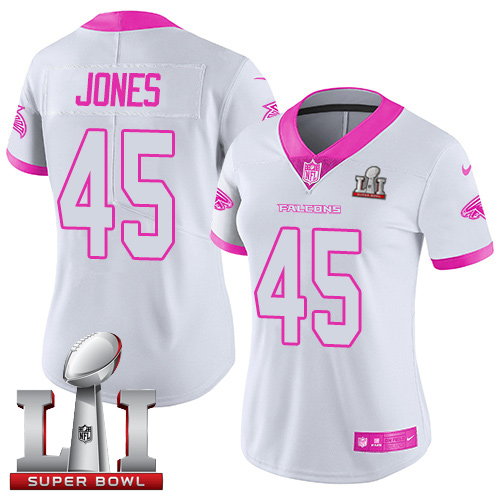 Nike Falcons #45 Deion Jones White/Pink Super Bowl LI 51 Women's Stitched NFL Limited Rush Fashion Jersey